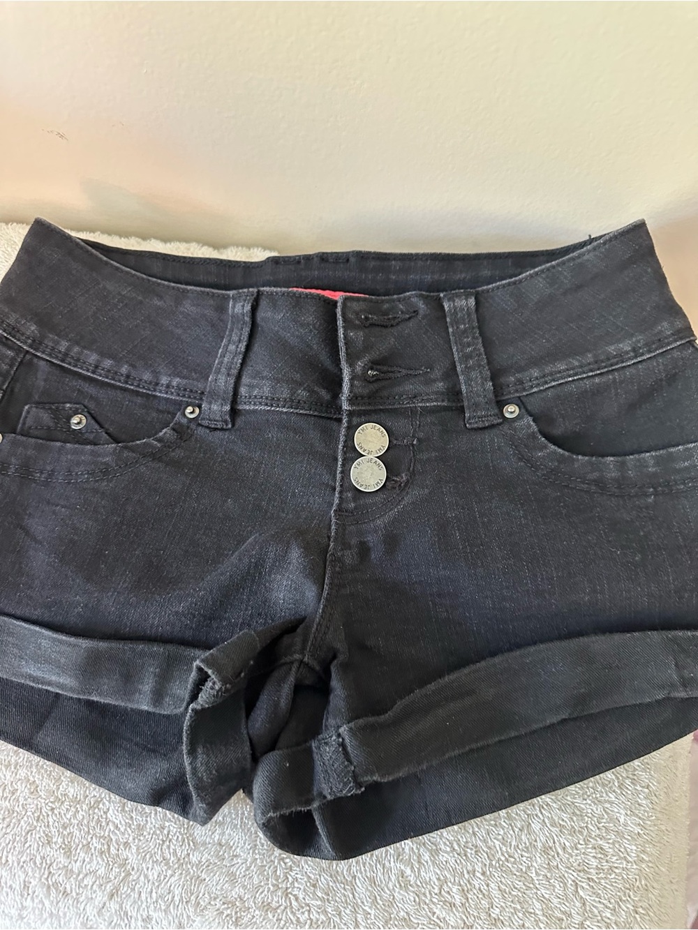 YMI- Women's Black Jean Shorts with Double-Button Front